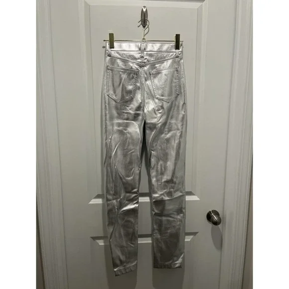 Abercrombie & Fitch Ultra High Rise 90s Straight Silver Vegan Leather Pants - Picture 8 of 9
